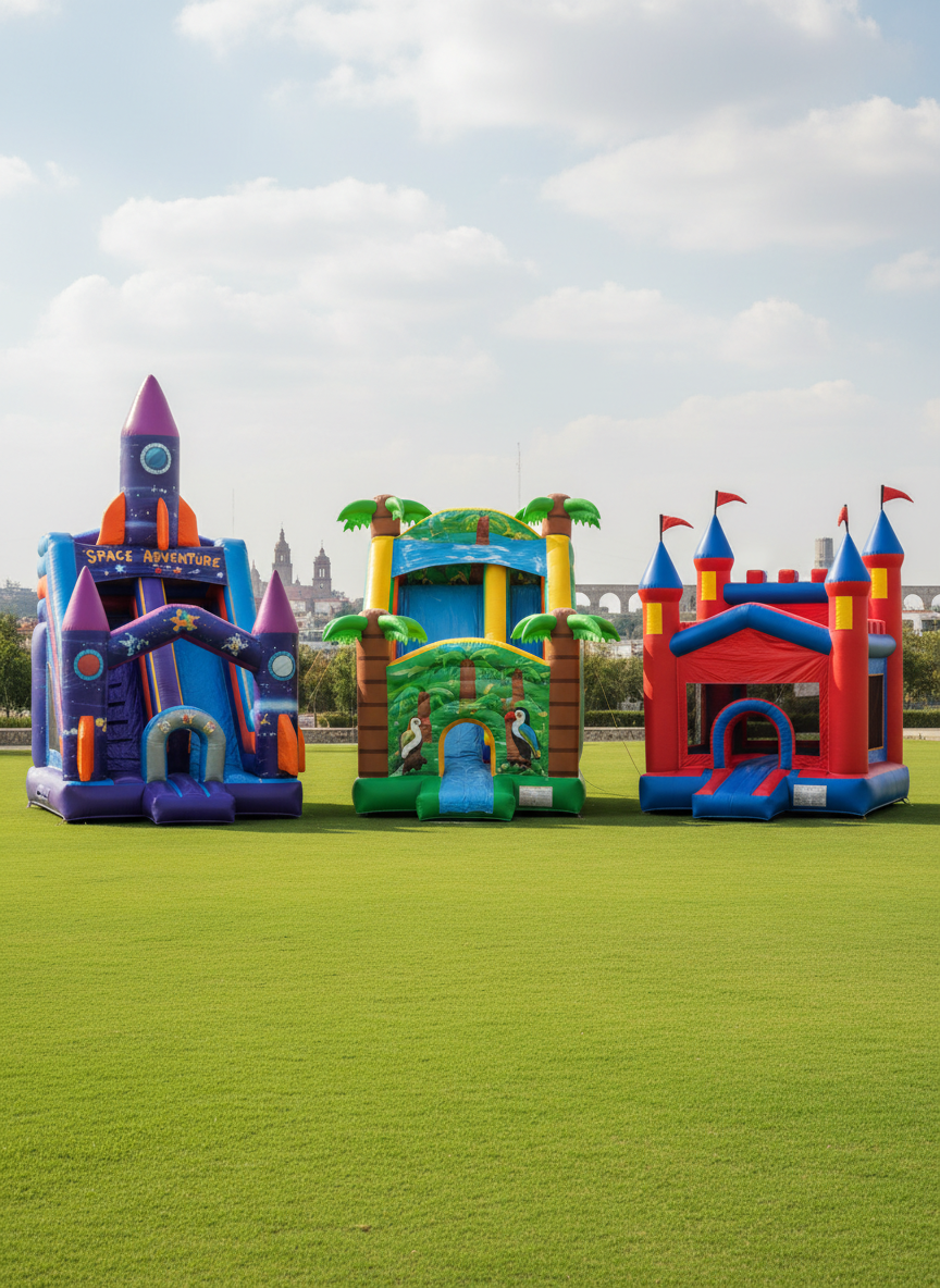 A promotional-style composition showing three different themed inflatables—space adventure, tropical island, and classic castle—arranged in a semi-circle on a large, impeccably clean lawn, each clearly separated to display unique features. The space inflatable has rocket-shaped columns, the tropical one has palm-like inflatable pillars, and the castle features battlements and flags, all in vivid, saturated colors. Soft midday sunlight with a few gentle clouds creates even, flattering illumination and minimal harsh shadows. The camera uses a wide-angle, eye-level shot with strong depth of field so every unit is crisp. The background includes a subtle silhouette of Querétaro’s skyline elements without text or logos. The mood is fun and aspirational, ideal for showcasing package options and themed parties.