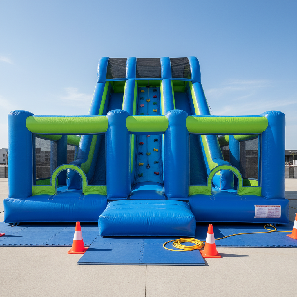An extra-large inflatable slide combination unit in pristine blue and lime green vinyl, featuring dual sliding lanes, a central climbing wall, and a spacious bounce area with mesh windows. The inflatable is set up in a clean urban event space, on top of protective floor padding with visible safety cones and a rolled-up extension cable neatly arranged nearby. Bright midday natural light illuminates every detail, creating crisp reflections on the shiny, well-maintained surface. The camera captures a slightly low-angle, wide shot that shows the full scale of the unit against a clear sky, conveying excitement and professionalism. The mood is energetic yet orderly, with photographic realism and sharp focus throughout to highlight quality and safety for corporate or school events.
