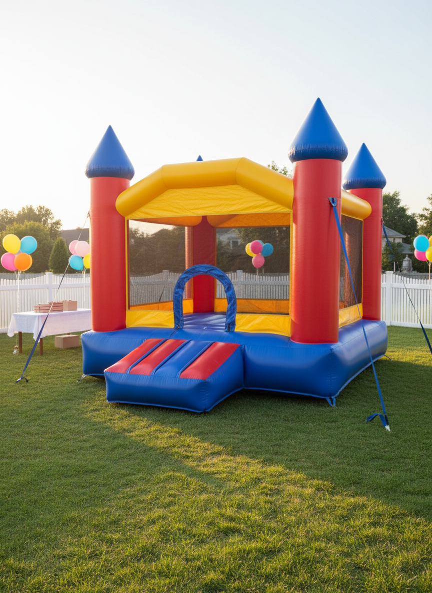 A large, colorful inflatable castle with high, glossy vinyl turrets in bright red, blue, and yellow, standing perfectly clean on a well-manicured green lawn in a residential backyard. The structure’s safety netting, padded entrance ramp, and securely anchored corners are clearly visible, emphasizing protection and stability. Soft late afternoon sunlight casts warm highlights on the smooth inflatable surfaces and gentle shadows on the grass. In the background, slightly blurred, are festive decorations like balloons and a simple table setup, suggesting a family gathering without showing people. Photographic realism, eye-level composition with moderate depth of field, creating an inviting, trustworthy atmosphere ideal for a rental business homepage hero image.