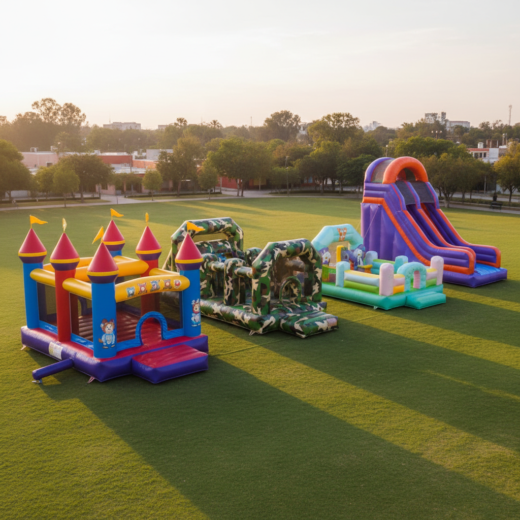 A neatly arranged row of different inflatable models—castle, obstacle course, slide, and toddler play zone—lined up on a flat grassy field like a showroom catalog. Each inflatable has distinct, vibrant color schemes and clearly visible safety features such as mesh sides, reinforced seams, and padded entrances. The setting is an open park in Querétaro, with distant trees and low buildings softly blurred in the background. Golden hour sunlight bathes the scene, adding a warm, celebratory glow and subtle long shadows. Captured from a slightly elevated, wide-angle perspective, the composition feels like a professional product lineup, with photographic realism and high detail that suggests a diverse rental catalog and meticulous maintenance.