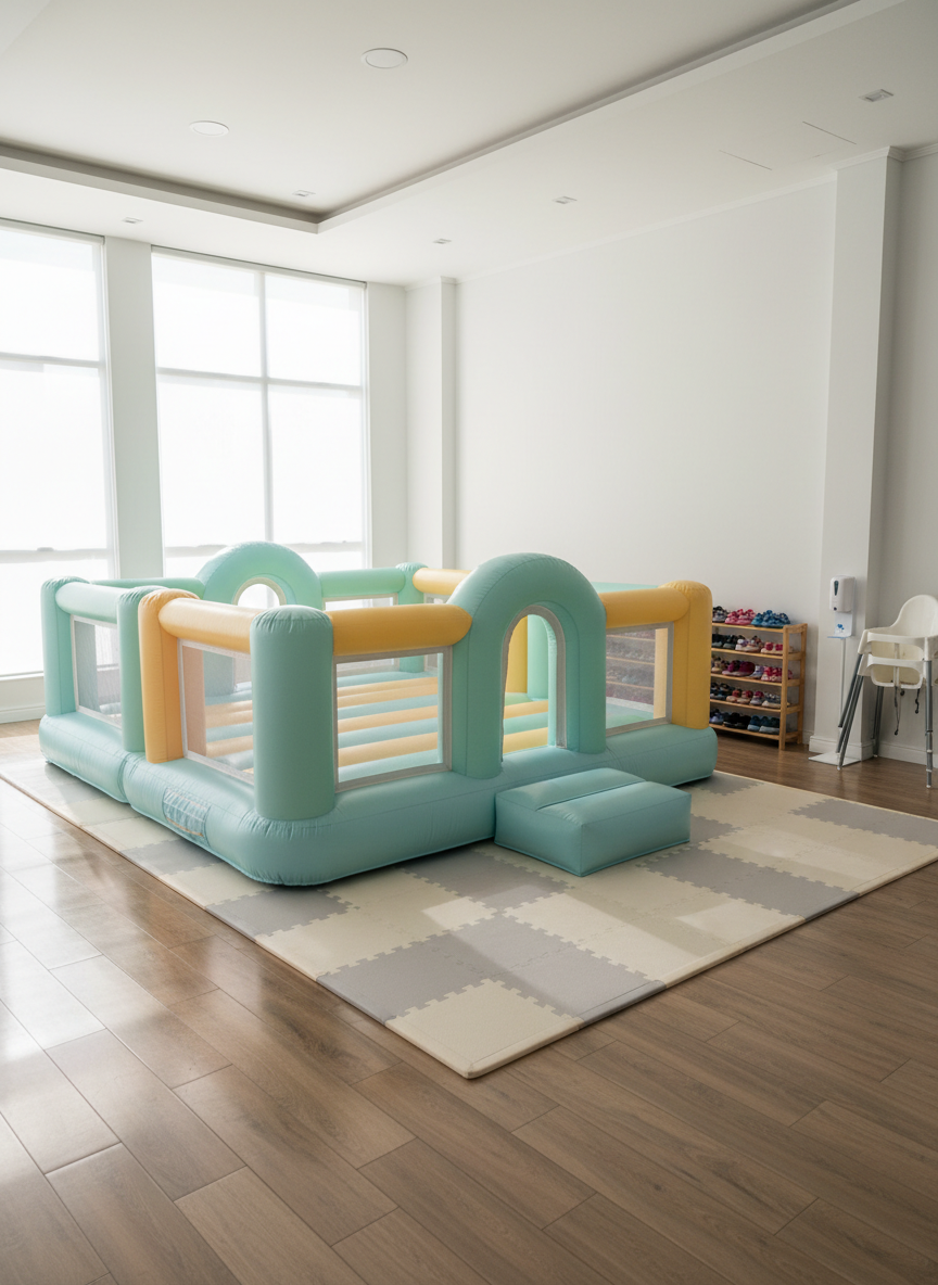 A serene morning setup of a toddler-friendly inflatable play zone, featuring low, rounded shapes, gentle pastel colors, and soft mesh barriers, installed on thick foam tiles in a sunlit indoor salon de fiestas. Large windows allow diffused natural light to spread evenly across the polished floor, creating gentle reflections under the inflatable. Surrounding elements include neatly stacked shoe racks, a visible hand-sanitizing station represented by a simple dispenser shape, and folded chairs against the wall, all without people. Captured at a slightly elevated angle with sharp focus, the composition emphasizes security and order. The mood is calm, safe, and welcoming, with photographic realism that highlights the spotless surfaces and carefully organized environment tailored for younger children’s events.