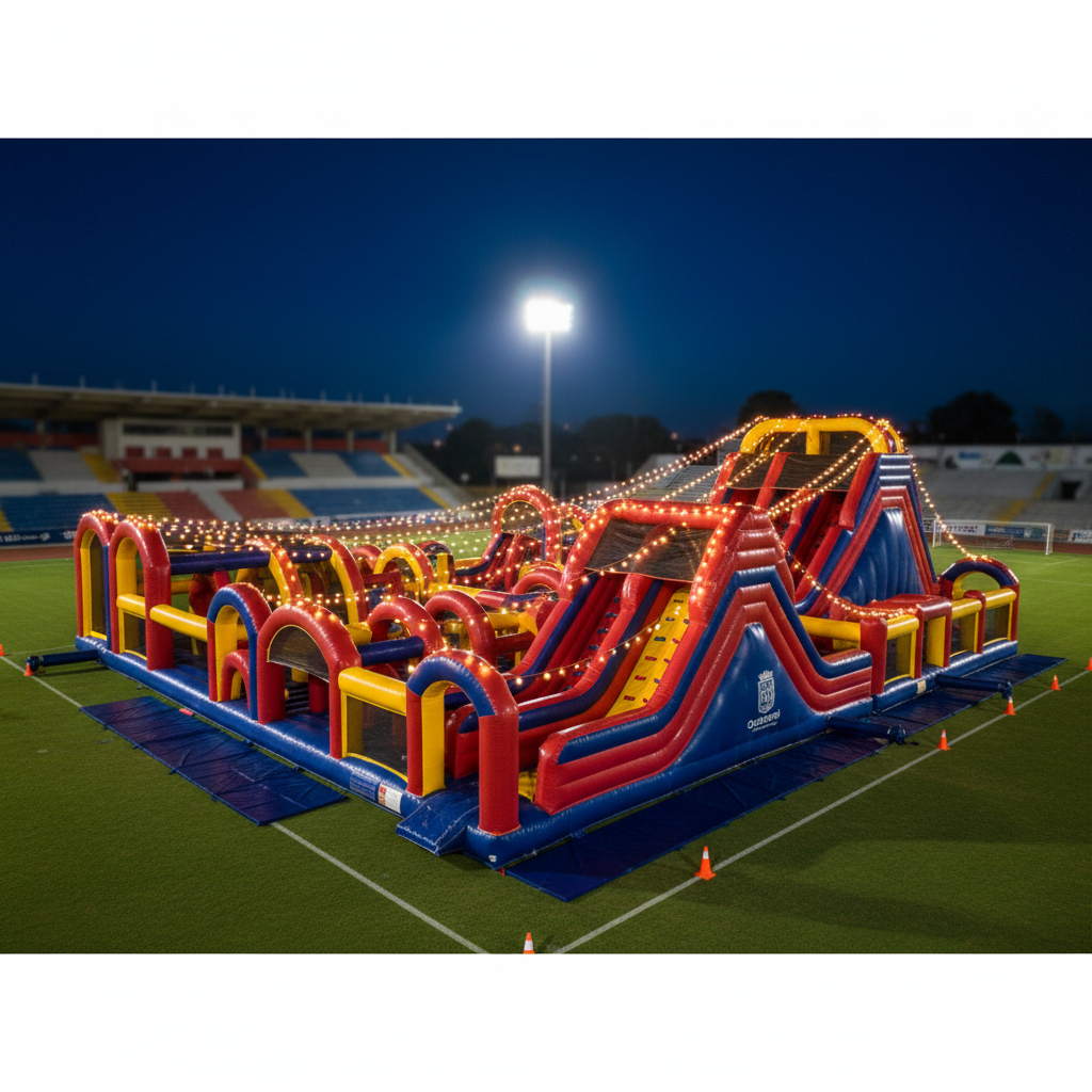 A night-time event scene featuring a massive inflatable obstacle course illuminated by soft, warm LED string lights and subtle ground spotlights that accentuate its contours. The course, in bold red, navy, and yellow, stretches across a clean sports field with clearly visible safety mats and guiding cones. The sky is deep blue, and the artificial lighting creates dramatic highlights and cozy shadows on the vinyl surface. The camera captures a wide, slightly elevated view, showing the entire length of the inflatable while keeping the background stadium structures softly out of focus. The mood is festive and dynamic yet controlled, with photographic realism underscoring professional setup suitable for large community or corporate events in Querétaro.