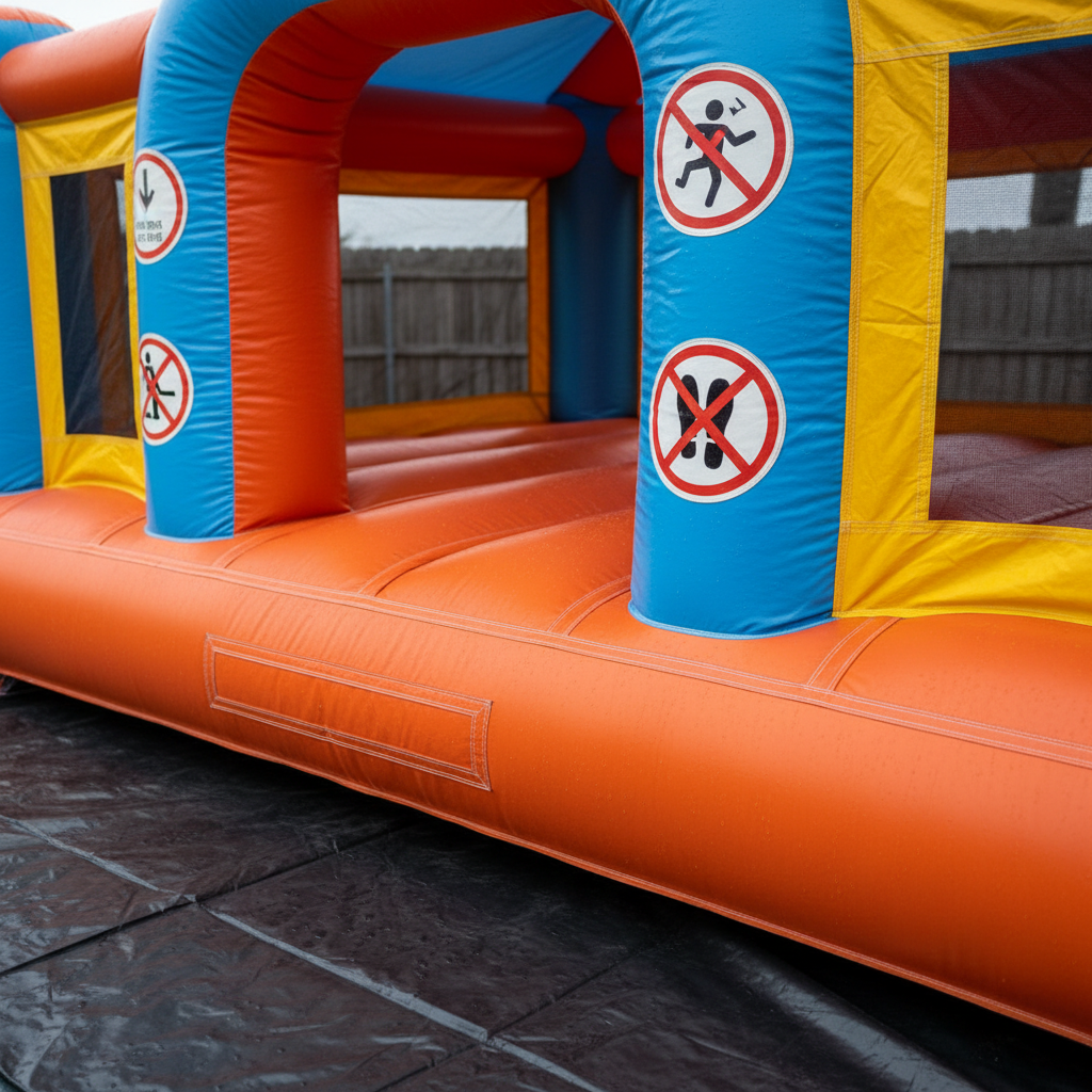 A close-up, detail-focused image of an inflatable’s entrance area, showcasing the immaculate vinyl texture, double-stitched seams, and safety signage symbolized by simple icon-like shapes instead of text. The inflatable’s color palette is cheerful—orange, sky blue, and yellow—contrasting with the dark, protective ground tarp beneath. Soft diffused daylight highlights the gentle curves and shine of the material, with shallow depth of field blurring the rest of the structure and background fence. The mood is reassuring and professional, emphasizing cleanliness and safety standards. Photographic realism captures tiny water droplets from a recent cleaning and the subtle reflection of light on the surface, ideal for a section explaining hygiene and maintenance practices.