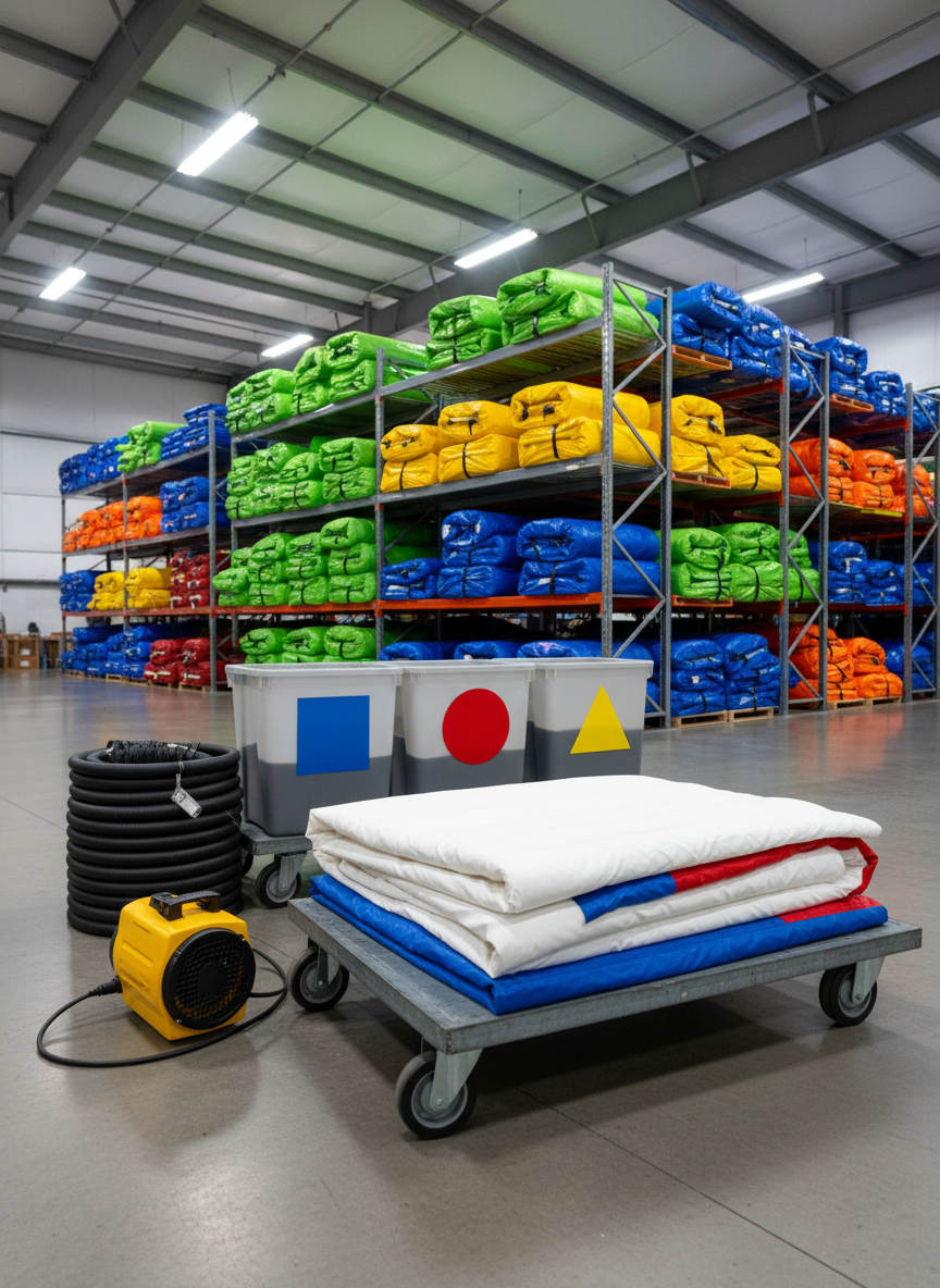 A meticulous behind-the-scenes scene of inflatable rental preparation: a deflated but clean inflatable neatly folded on a rolling cart, alongside coiled hoses, an industrial blower, and labeled storage bins using color blocks instead of readable text. The setting is a tidy warehouse corner with smooth concrete floors and organized shelving filled with more folded inflatables in bright colors. Overhead fluorescent lighting provides even, neutral illumination, emphasizing order and professionalism. Shot from a slightly low angle with moderate depth of field, the foreground equipment is in sharp focus while the background shelves softly fade. The mood is reliable and detail-oriented, with photographic realism supporting content about logistics, punctual delivery, and careful storage practices.