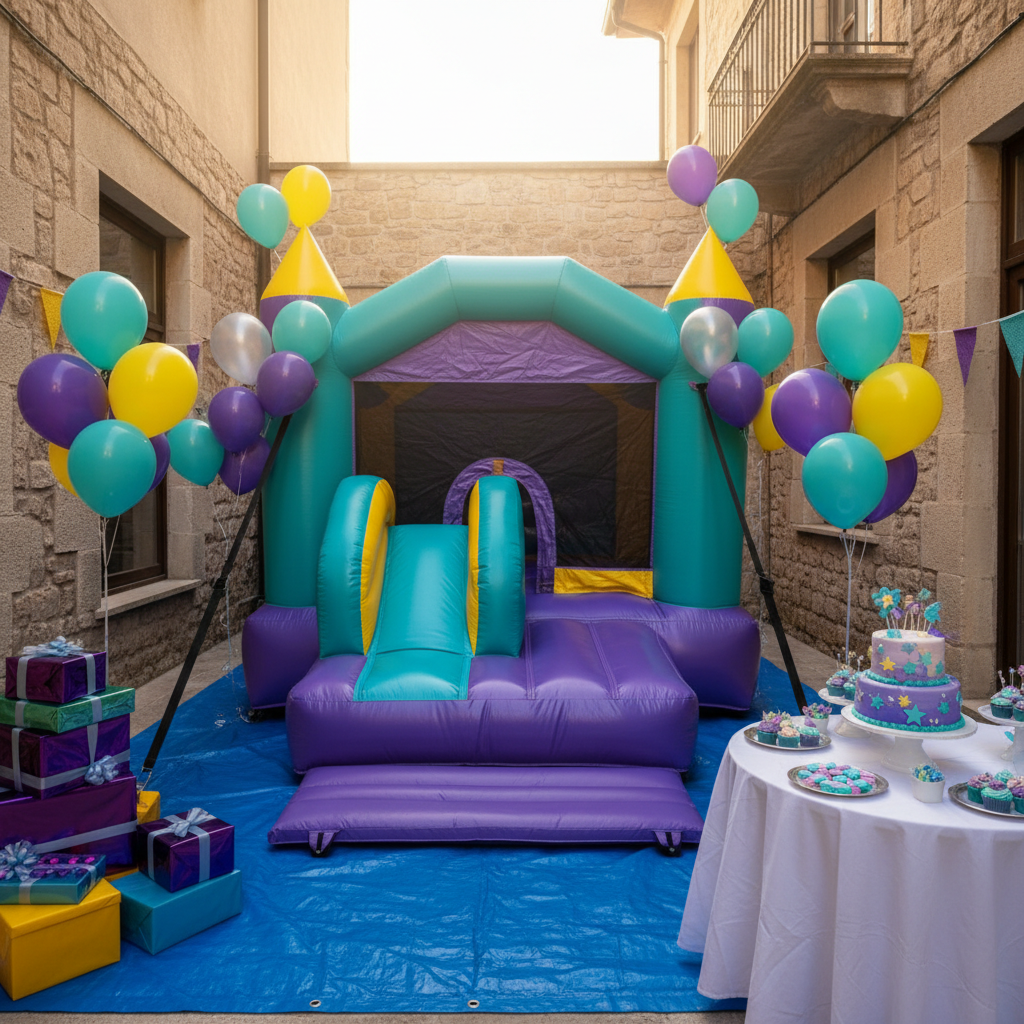 A vibrant birthday party setup centered around a medium-sized inflatable castle with an integrated small slide, in hues of purple, teal, and yellow, standing spotless on a secure tarp in a compact courtyard. Around it, non-human festive elements like balloon clusters, gift boxes, and a decorated dessert table without any people create a sense of celebration. Warm afternoon sunlight filters over nearby walls, creating soft, colorful reflections on the inflatable’s glossy finish. Shot at eye level using the rule of thirds, the castle is the clear focal point while the blurred background decor suggests a complete party package. The atmosphere is joyful and family-friendly, with photographic realism highlighting safety mats at the entrance and firmly anchored straps.